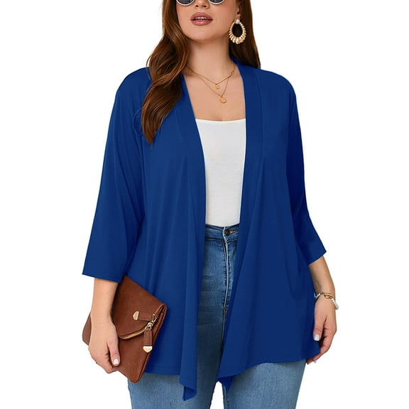 SHOWMALL Women's Plus Cardigans Lightweight Open Front Cardigans 3/4 Sleeve Klein Blue 4X Casual Soft Drape Fall Summer Crop