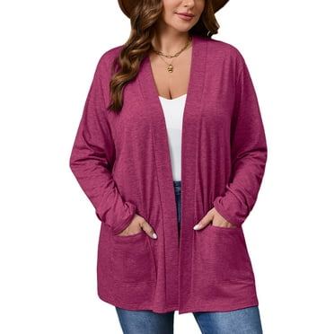 SHOWMALL Women's Plus Cardigans Lightweight Open Front Cardigans 3/4 Sleeve Magenta 1X Casual Soft Drape Fall Summer Cardigan