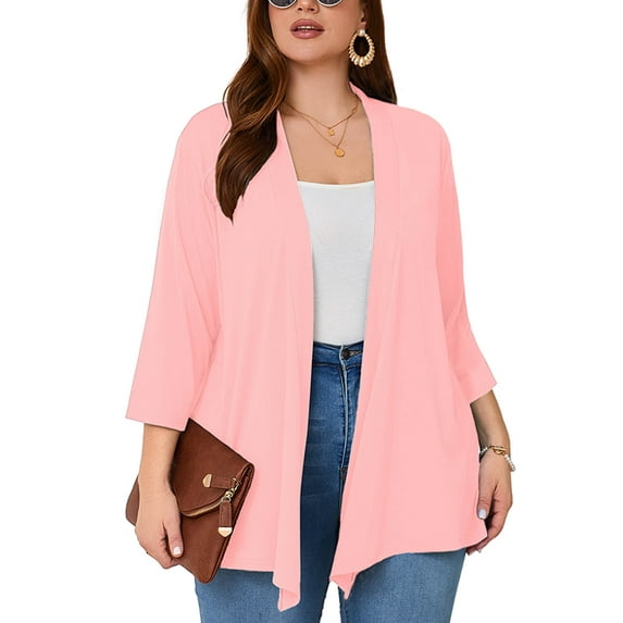 SHOWMALL Women's Plus Cardigans Lightweight Open Front Cardigans 3/4 Sleeve Pink 1X Casual Soft Drape Fall Summer Cardigan