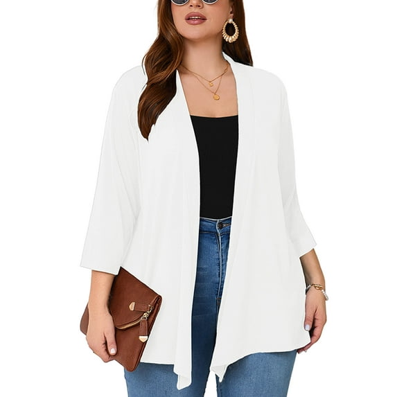 SHOWMALL Women's Plus Cardigans Lightweight Open Front Cardigans 3/4 Sleeve White 1X Casual Soft Drape Fall Summer Cardigan