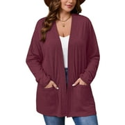 SHOWMALL Women's Plus Cardigans Lightweight Open Front Cardigans 3/4 Sleeve Wine Red 4X Casual Soft Drape Fall Summer Crop