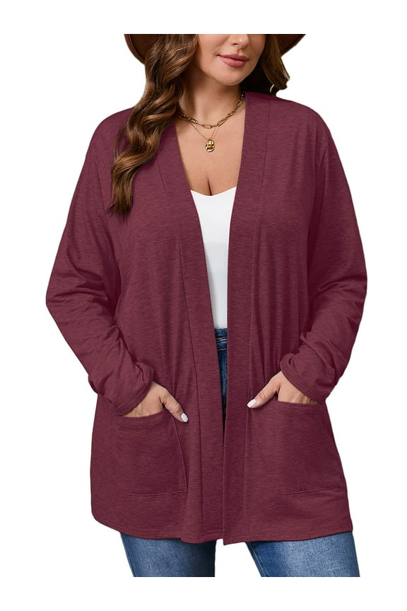 Women's Plus Cardigans Lightweight Open Front Cardigans 3/4 Sleeve Wine Red 4X Casual Soft Drape Fall Summer Crop
