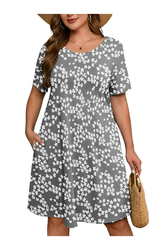 Women's Plus Casual Dresses Short Swing Beach Sundress with Pockets 3X Grey Sakura