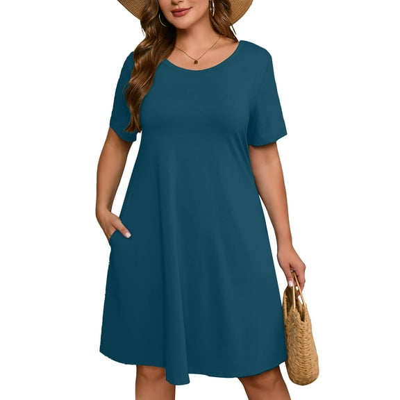 SHOWMALL Women's Plus Casual Dresses Short Swing Beach Sundress with Pockets 4X Indigo Blue