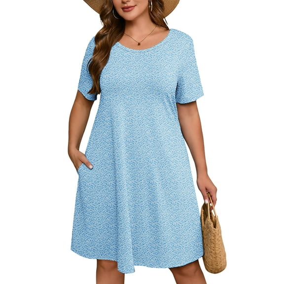SHOWMALL Women's Plus Casual Dresses Short Swing Floral Beach Sundress with Pockets 1X Blue Frostwork