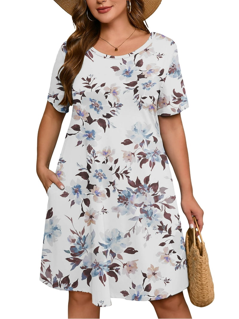 Showmall Women's Plus Size Casual Midi Dress, Short Sleeves, Flowy, White Peony, Pockets