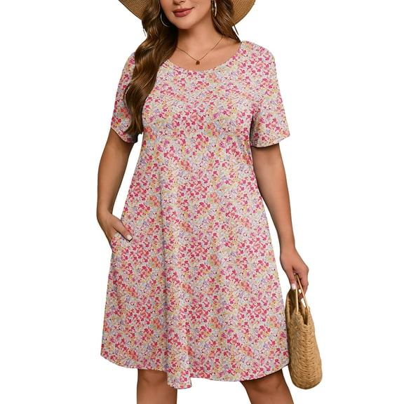 SHOWMALL Women's Plus Casual Dresses Short Swing Floral Beach Sundress with Pockets 3X Pink Clustered Blooms