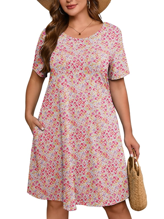 Women's Plus Casual Dresses Short Swing Floral Beach Sundress with Pockets 3X Pink Clustered Blooms
