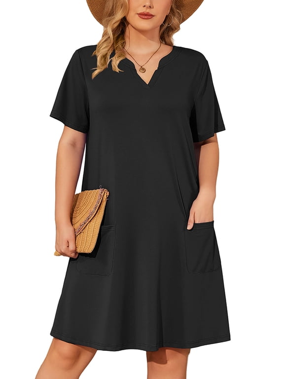 Women's Plus Casual Dresses V Neck Short Beach Summer Sundress with Pockets Black 3X