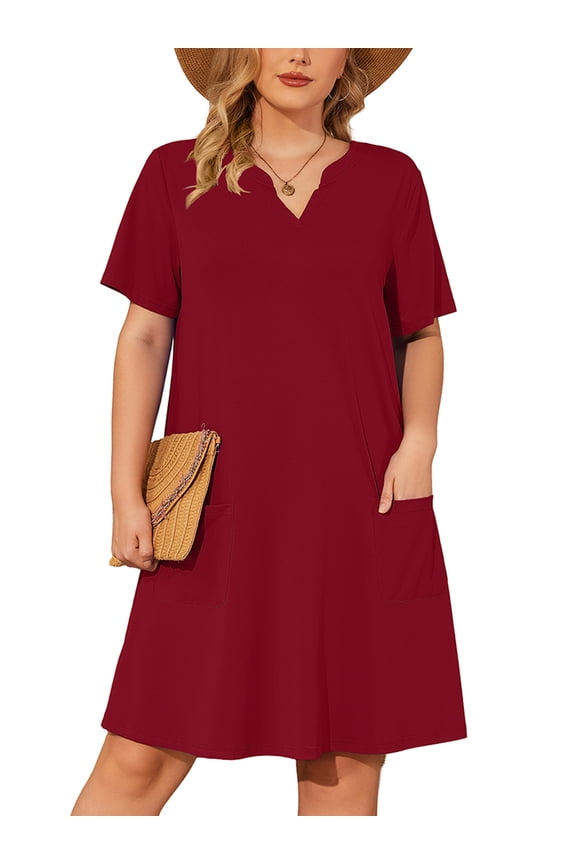 Women's Plus Casual Dresses V Neck Short Beach Summer Sundress with Pockets Burgundy 3X