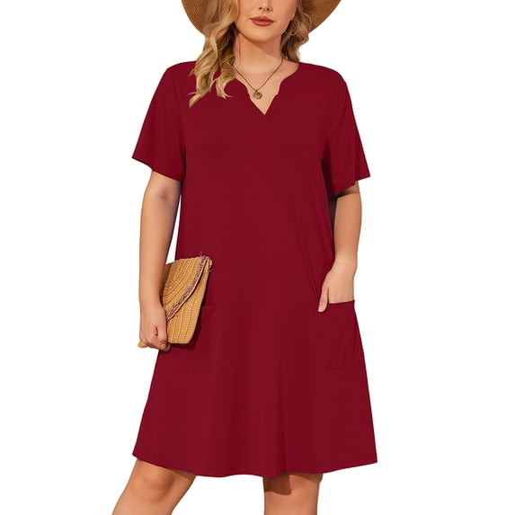 SHOWMALL Women's Plus Casual Dresses V Neck Short Beach Summer Sundress with Pockets Burgundy 4X