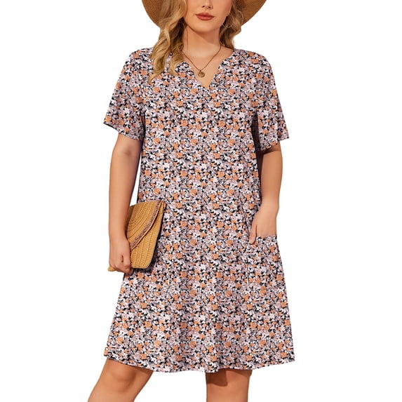 SHOWMALL Women's Plus Casual Dresses V Neck Short Beach Summer Sundress with Pockets Luxuriant Flowers Black 3X