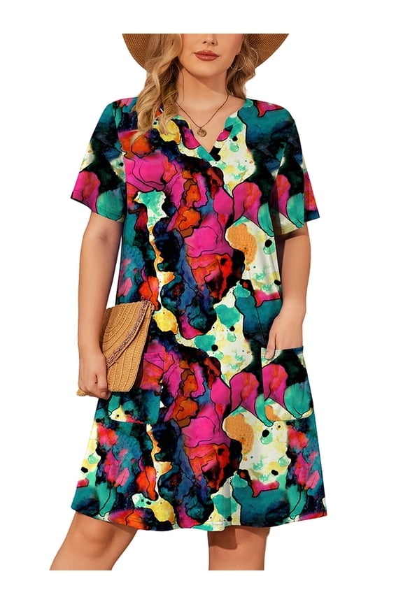 Women's Plus Casual Dresses V Neck Short Beach Summer Sundress with Pockets Multicolored 2X