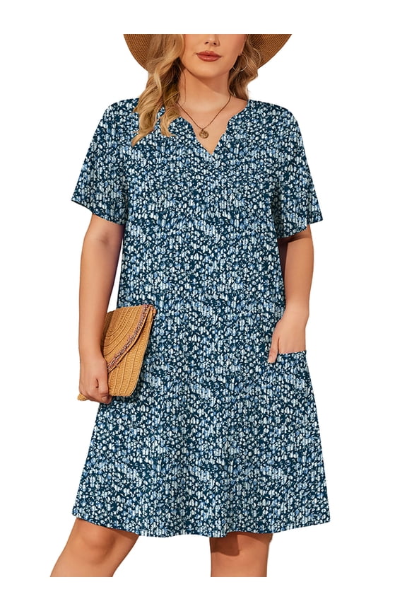 Women's Plus Casual Dresses V Neck Short Beach Summer Sundress with Pockets ​Navy Blue Vertical Floral 3X