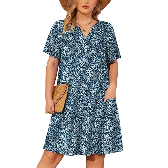 SHOWMALL Women's Plus Casual Dresses V Neck Short Beach Summer Sundress with Pockets Navy Blue Vertical Floral 3X