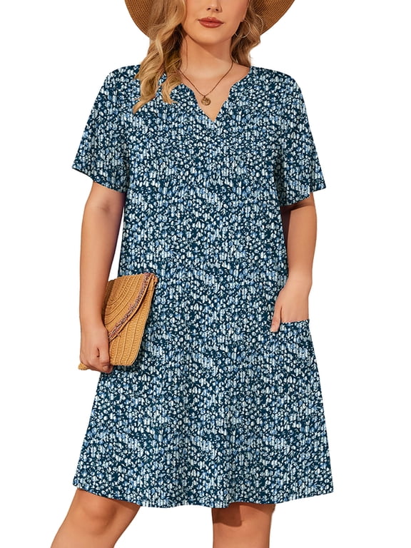 Women's Plus Casual Dresses V Neck Short Beach Summer Sundress with Pockets Navy Blue Vertical Floral 3X