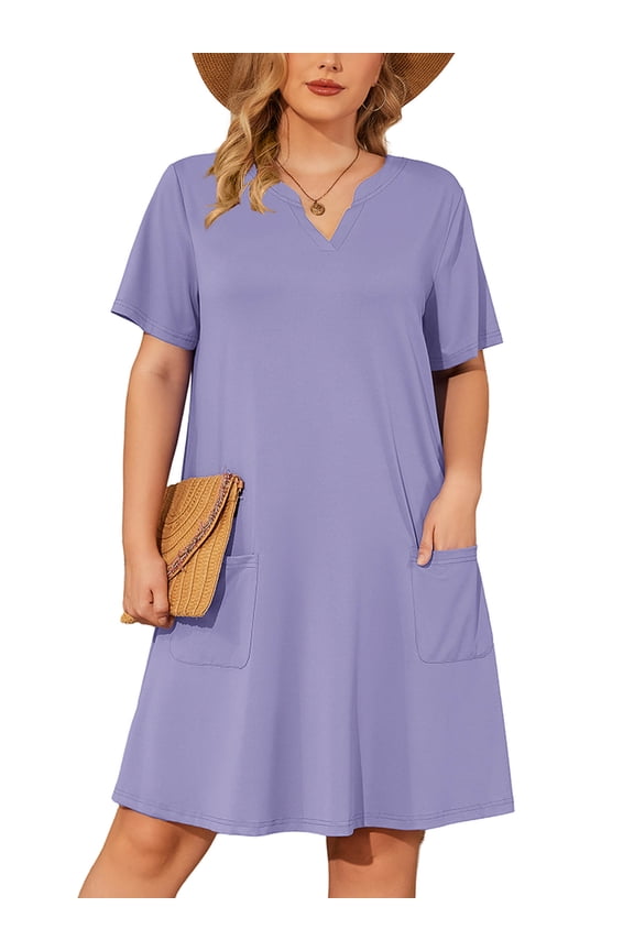 Women's Plus Casual Dresses V Neck Short Beach Summer Sundress with Pockets Purple Gray 3X