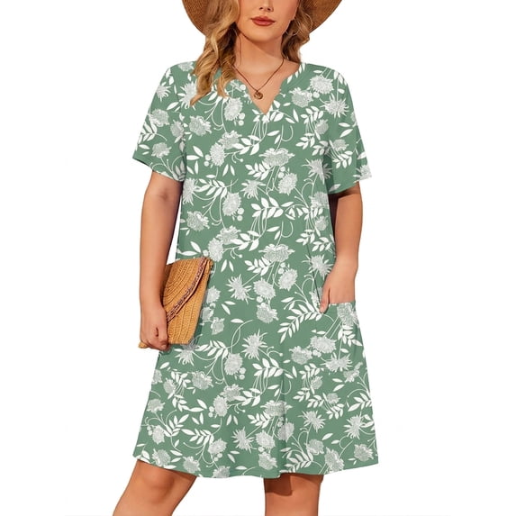 SHOWMALL Women's Plus Casual Dresses V Neck Short Beach Summer Sundress with Pockets Sage Green Silhouette 4X