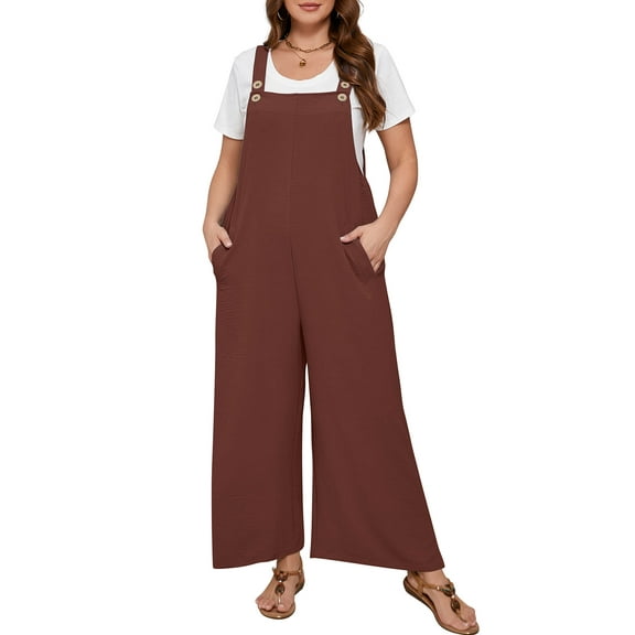 SHOWMALL Women’s Plus Casual Overalls Adjustable Straps Brown 2X Baggy Pants Wide Leg Jumpsuits with Pockets