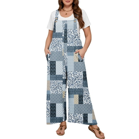 Women’s Plus Casual Overalls Adjustable Straps Gray Patchwork 2X Baggy Pants Floral Print Wide Leg Jumpsuits with Pockets