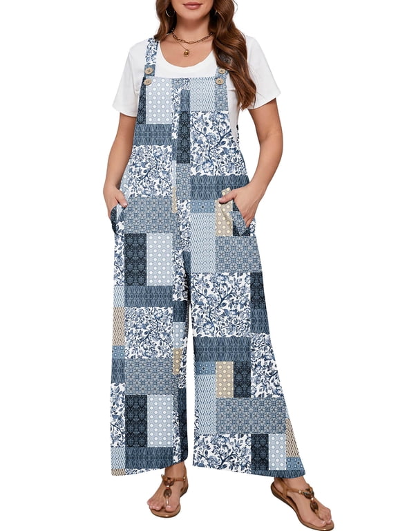 Women’s Plus Casual Overalls Adjustable Straps Gray Patchwork 4X Baggy Pants Floral Print Wide Leg Jumpsuits with Pockets