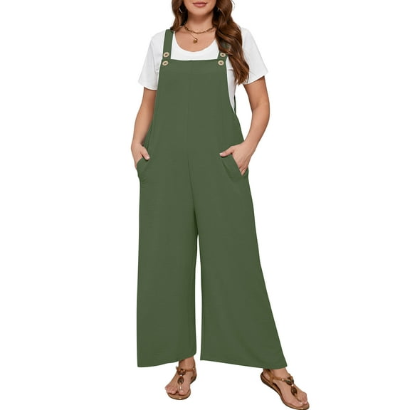 SHOWMALL Women’s Plus Casual Overalls Adjustable Straps Olive Green 3X Baggy Pants Wide Leg Jumpsuits with Pockets