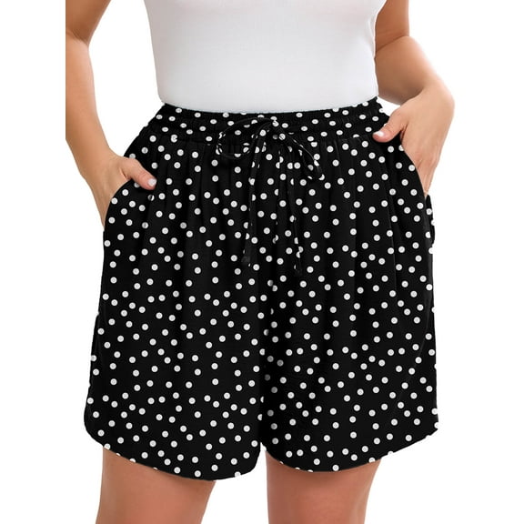 SHOWMALL Women's Plus Casual Shorts Drawstring Comfy Elastic Waist Shorts Black White Polkadots 3X Summer Pull On Short with Pockets
