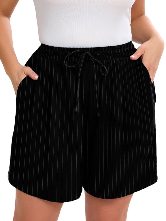 Women's Plus Casual Shorts Drawstring Comfy Elastic Waist Shorts Black White Stripes 3X Summer Pull On Short with Pockets