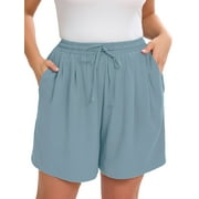SHOWMALL Women's Plus Casual Shorts Drawstring Comfy Elastic Waist Shorts Blue Gray 2X Summer Pull On Short with Pockets