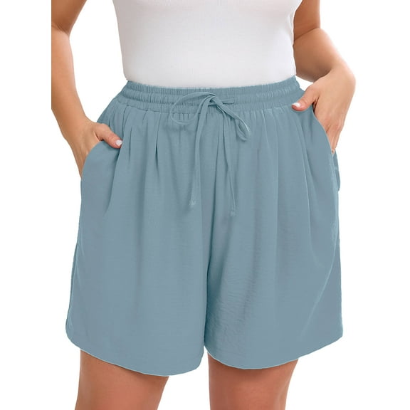 SHOWMALL Women's Plus Casual Shorts Drawstring Comfy Elastic Waist Shorts Blue Gray 3X Summer Pull On Short with Pockets