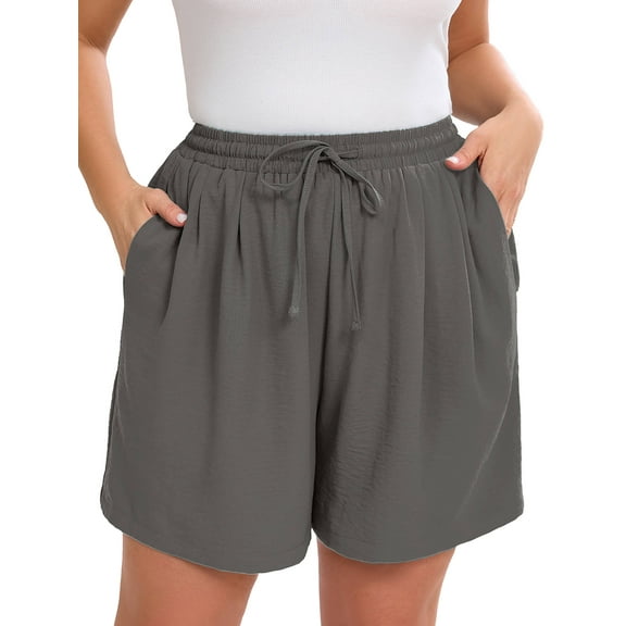 SHOWMALL Women's Plus Casual Shorts Drawstring Comfy Elastic Waist Shorts Gray 1X Summer Pull On Short with Pockets