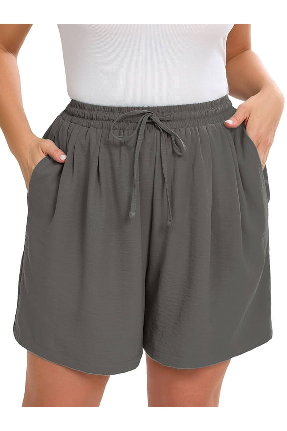 Women's Plus Casual Shorts Drawstring Comfy Elastic Waist Shorts Gray 1X Summer Pull On Short with Pockets
