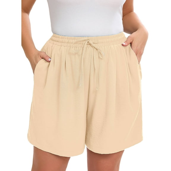SHOWMALL Women's Plus Casual Shorts Drawstring Comfy Elastic Waist Shorts Ivory 2X Summer Pull On Short with Pockets