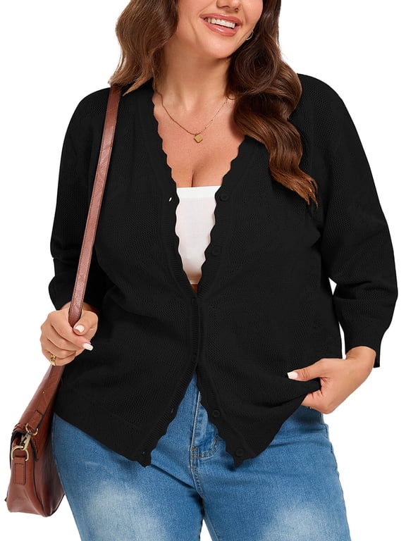 Plus Size Cardigan for Women, Lightweight 3/4 Sleeve Cropped Cardigan Sweater, V Neck Button Front Textured Knit Layer for Office, Work & Dressy Casual, Black