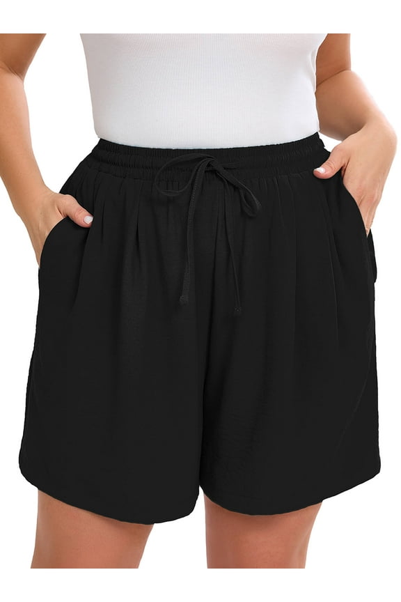 Women's Plus Drawstring Shorts Black 2X Summer Elastic Waist Casual Lightweight with Pockets