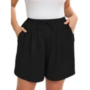 SHOWMALL Women's Plus Drawstring Shorts Black 2X Summer Elastic Waist Casual Lightweight with Pockets