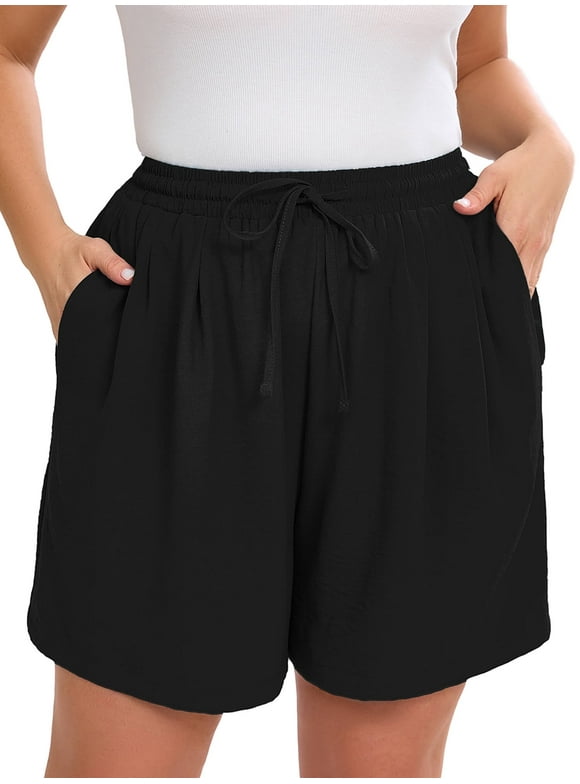 Women's Plus Drawstring Shorts Black 3X Summer Elastic Waist Casual Lightweight with Pockets