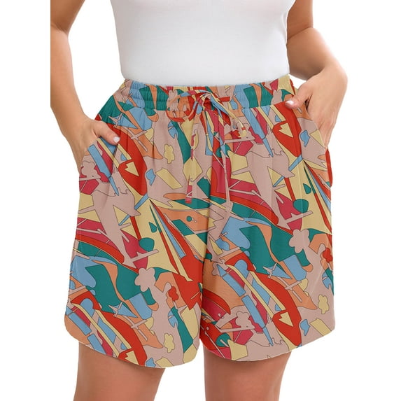 SHOWMALL Women's Plus Drawstring Shorts Floral Vivid Geometric Block 4X Summer Elastic Waist Casual Lightweight with Pockets