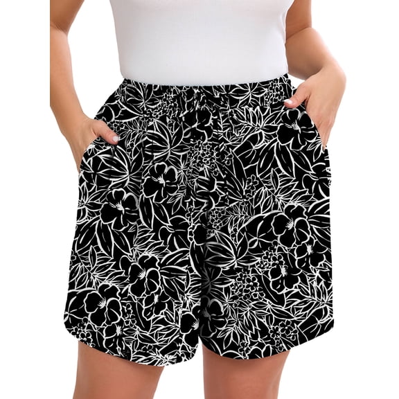 SHOWMALL Women's Plus Drawstring Shorts Floral White Flower Black 1X Summer Elastic Waist Casual Lightweight with Pockets