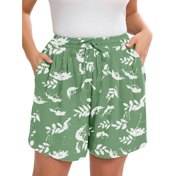 SHOWMALL Women's Plus Drawstring Shorts Floral White Flower Green 2X Summer Elastic Waist Casual Lightweight with Pockets