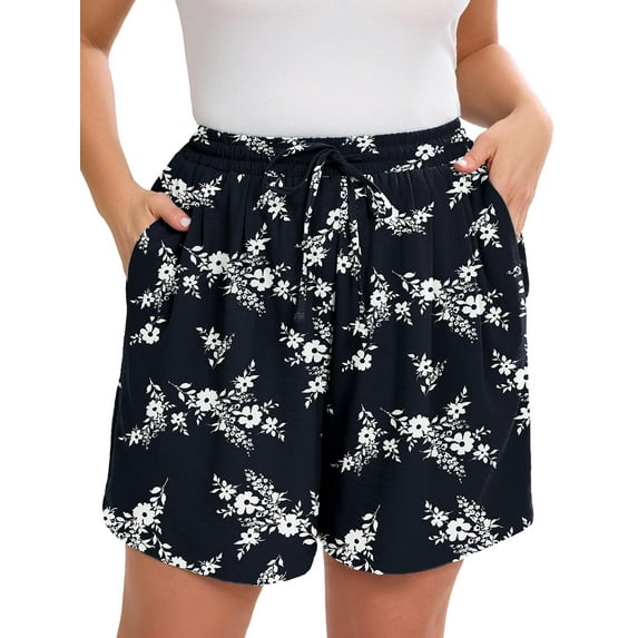 SHOWMALL Women's Plus Drawstring Shorts Floral White Flower Navy 5X Summer Elastic Waist Casual Lightweight with Pockets
