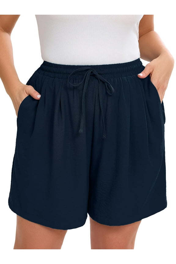 Women's Plus Drawstring Shorts Navy Blue 3X Summer Elastic Waist Casual Lightweight with Pockets