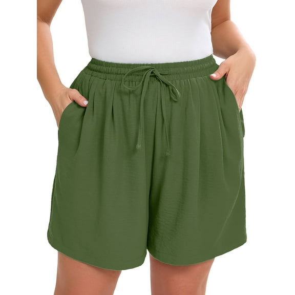 SHOWMALL Women's Plus Drawstring Shorts Olive Green 3X Summer Elastic Waist Casual Lightweight with Pockets