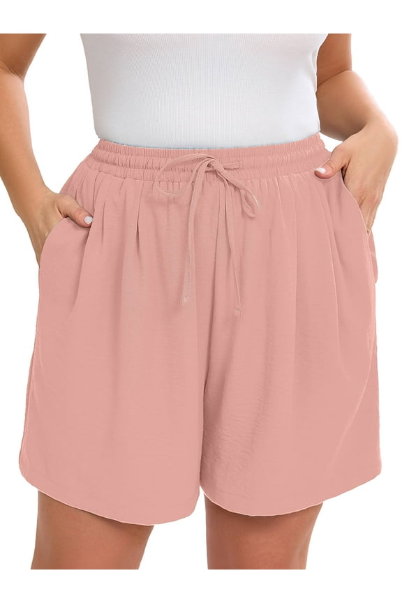 Women's Plus Drawstring Shorts Pink 2X Summer Elastic Waist Casual Lightweight with Pockets
