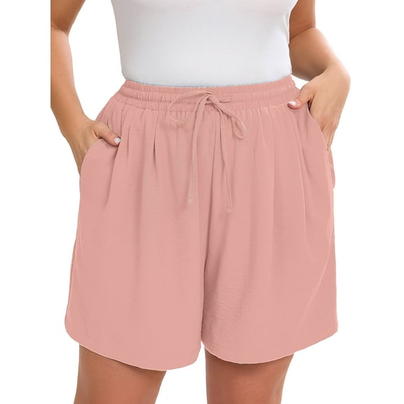 SHOWMALL Women's Plus Drawstring Shorts Pink 3X Summer Elastic Waist Casual Lightweight with Pockets