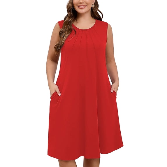 SHOWMALL Women's Plus Dresses Casual Sleeveless Beach Tank Sundress with Pockets 2X Red