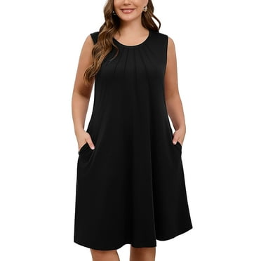 SHOWMALL Women's Plus Dresses Casual Sleeveless Beach Tank Sundress with Pockets 3X Black