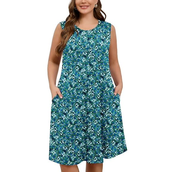 SHOWMALL Women's Plus Dresses Casual Sleeveless Floral Beach Tank Sundress with Pockets 1X Monet Garden