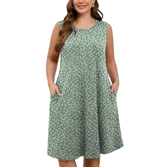 SHOWMALL Women's Plus Dresses Floral Casual Sleeveless Beach Tank Sundress with Pockets 1X Daisy Green