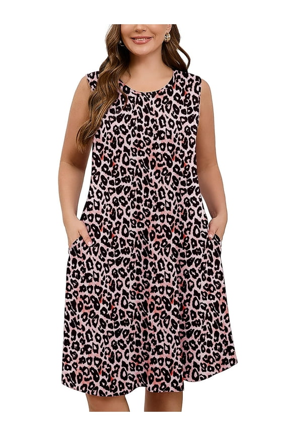 Women's Plus Dresses Floral Casual Sleeveless Beach Tank Sundress with Pockets 3X Fancy Peachy Leopard